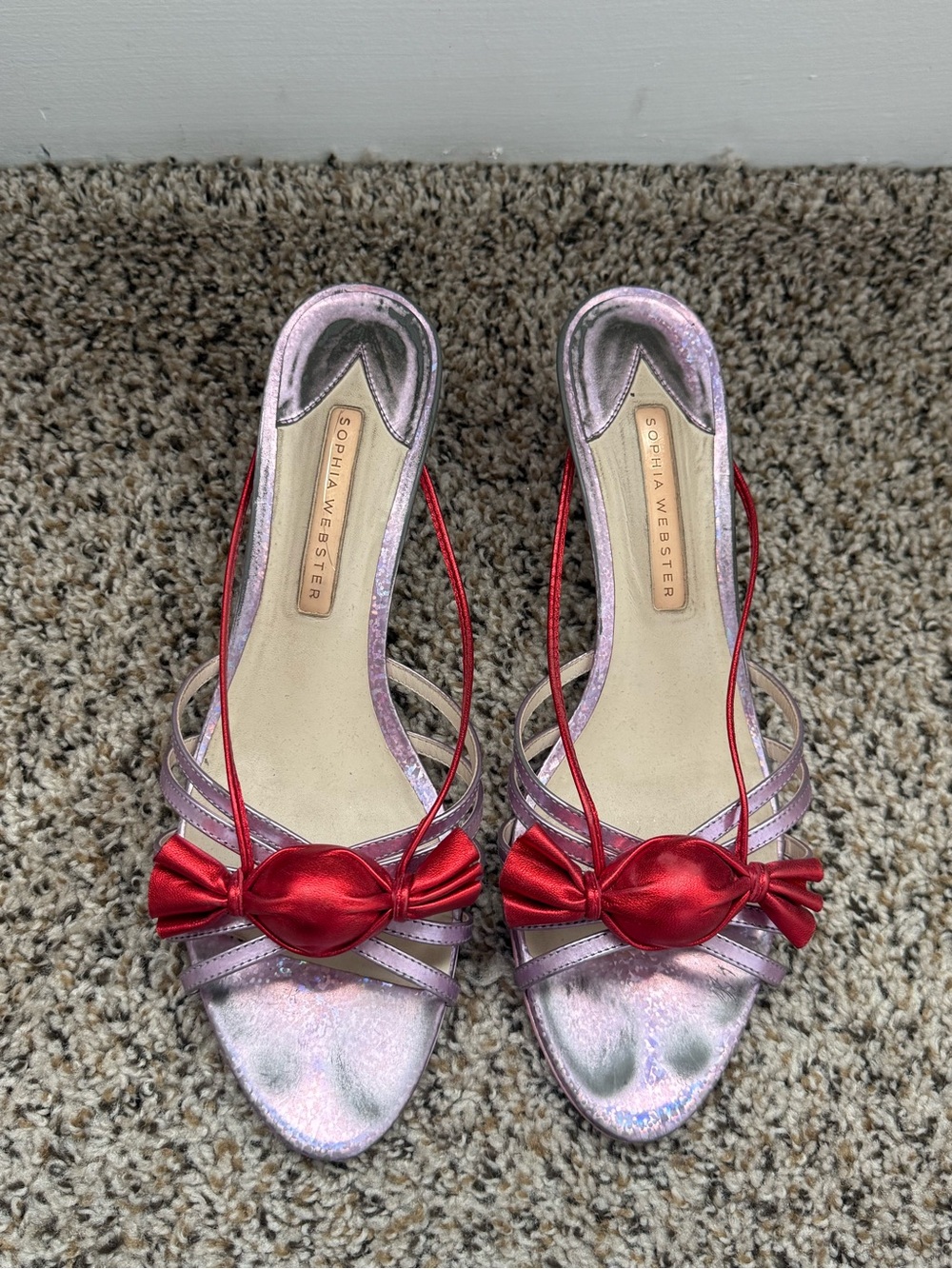 Sophia Webster Pink Metallic Slingback Heels with Red Satin Bow